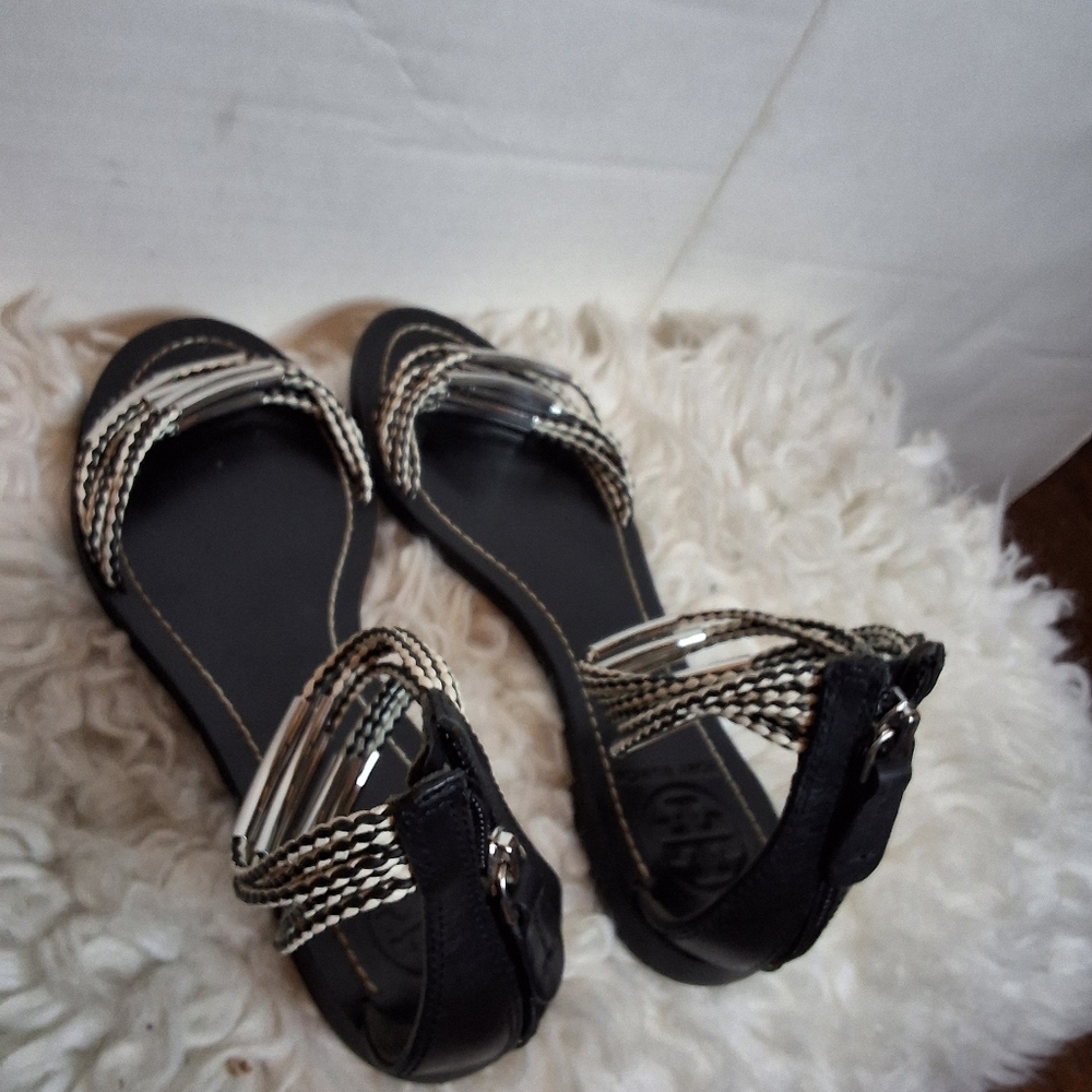 Tory Burch Braided Rope Metal Flat Sandals Black White Ankle Strap 6 - Picture 7 of 12